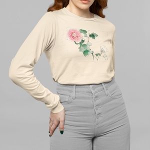 Pink Peony Tree Vintage Ukyio-e Print Long Sleeve Graphic Tee T-shirt S M L XL